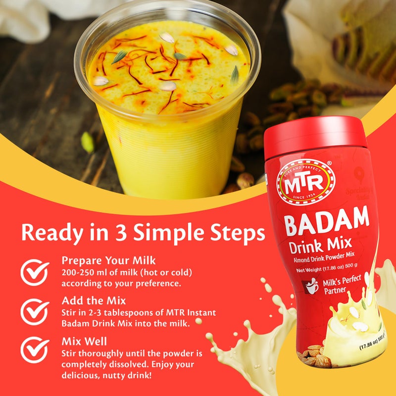 MTR Badam Drink Mix - 500g Pack of 1, Multi-purpose Drink Mix, Premium Almond Drink Mix made with select quality Almonds, Saffron & Cardamom, Authentic Indian Flavor, Quick & Easy to Prepare, Ideal for Desserts - Image 3